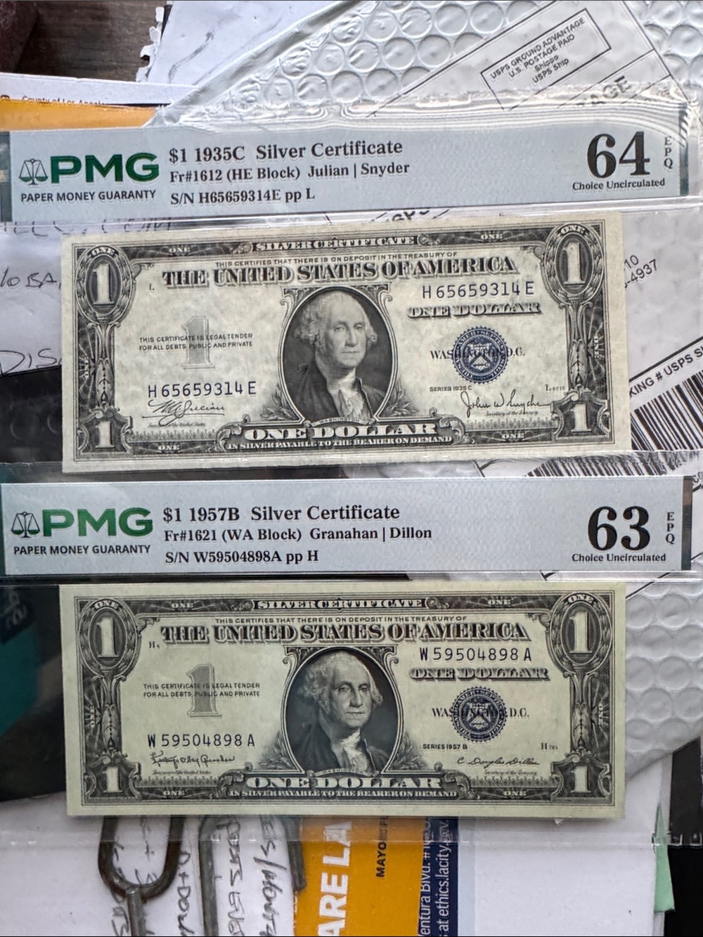 2 PMG Graded 1935 C & 1957 B U.S. Silver Certificates - Blue Seal